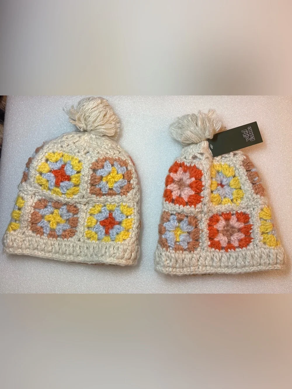 Bundle of 2 - Wild Fable Crochet Granny Square Beanie Hats  Multi Color Pom Pom